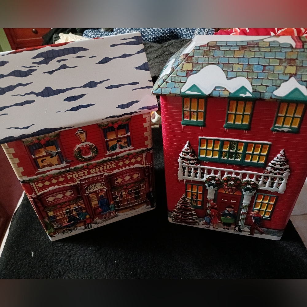 Set of 2 Harry London Metal House Tins Christmas House Post Office